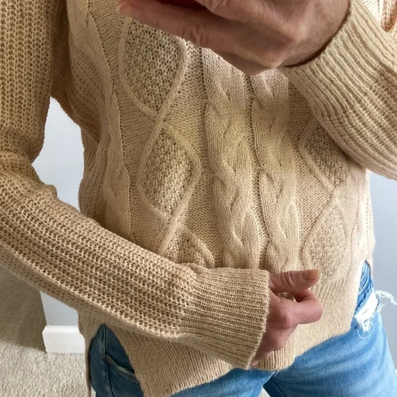 Tan Color Cable Knit Cowlneck Sweater - Picture 9 of 10